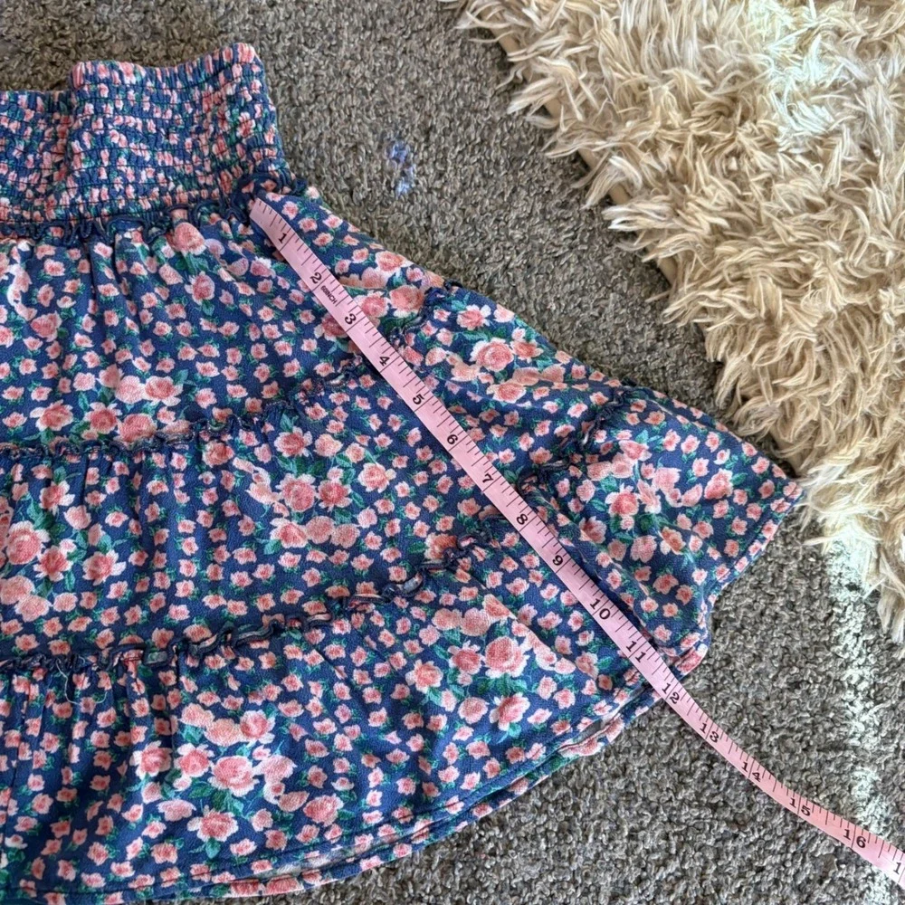 Unbranded Floral Mini Skirt Womens‎ Small Navy Pink Smocked Tiered Ruffle Boho